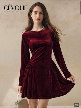 SHEIN Burgundy Velvet Long-Sleeve Fit & Flare Dress